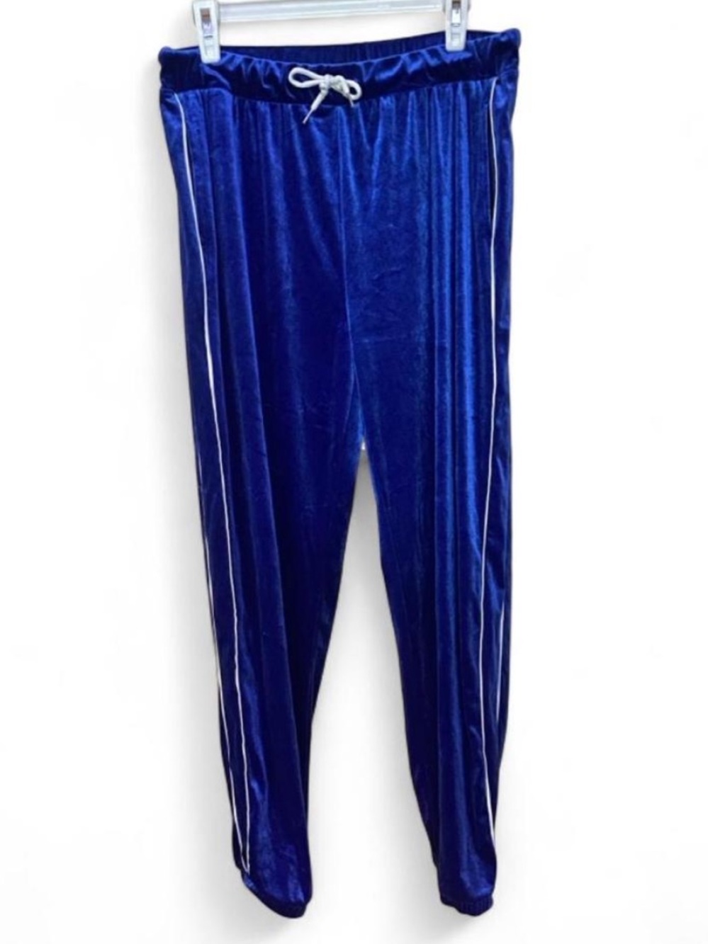 F21 Royal Blue Velvet/Velour Jogger Track Pants w Pockets & White Piping Size L